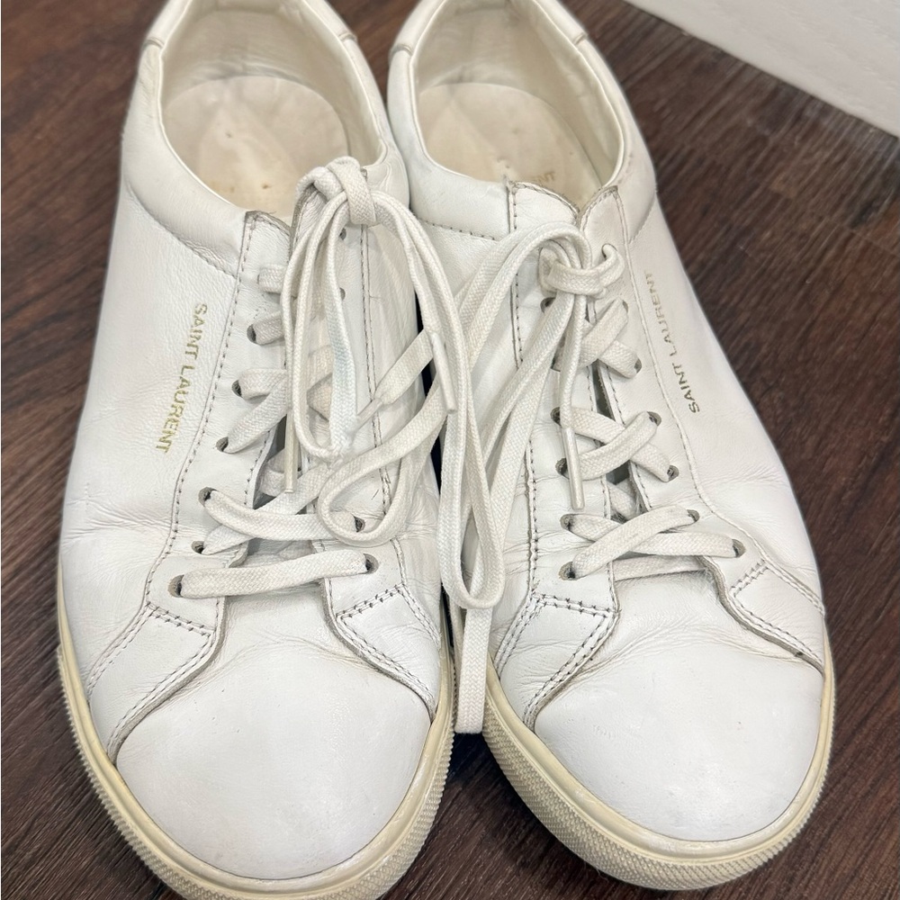 Saint Laurent Off-White Leather Low-Top Sneakers with Gold Logo